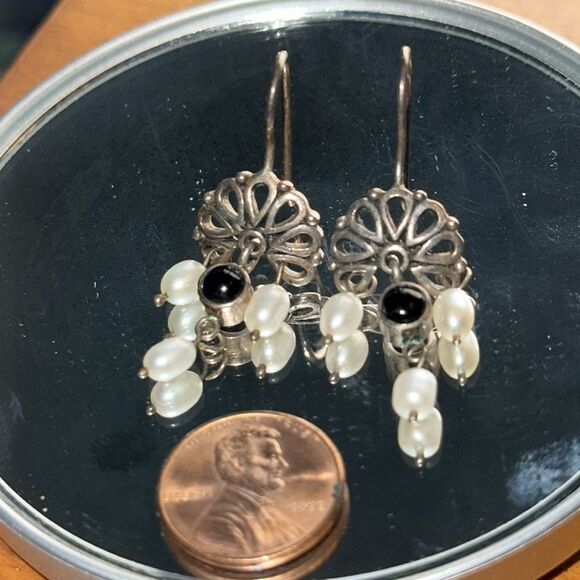 Dark Silver Tone and Faux Pearl Drop Wire Earrings - Picture 2 of 4